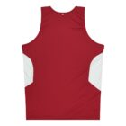 A sleeveless red sports jersey with white side panels, photographed from the back, showing a simple and sleek design.