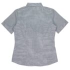 A short-sleeved, collared shirt with a small checkered pattern in shades of light blue and white, seen from the back. The shirt has a classic fit with a slightly fitted waist.