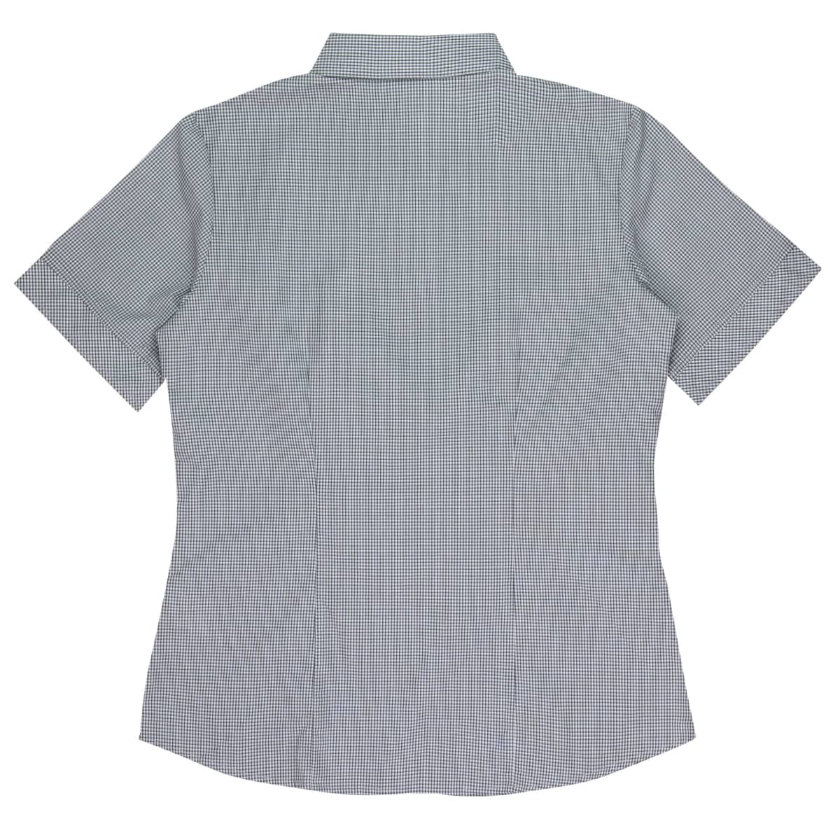 A short-sleeved, collared shirt with a small checkered pattern in shades of light blue and white, seen from the back. The shirt has a classic fit with a slightly fitted waist.