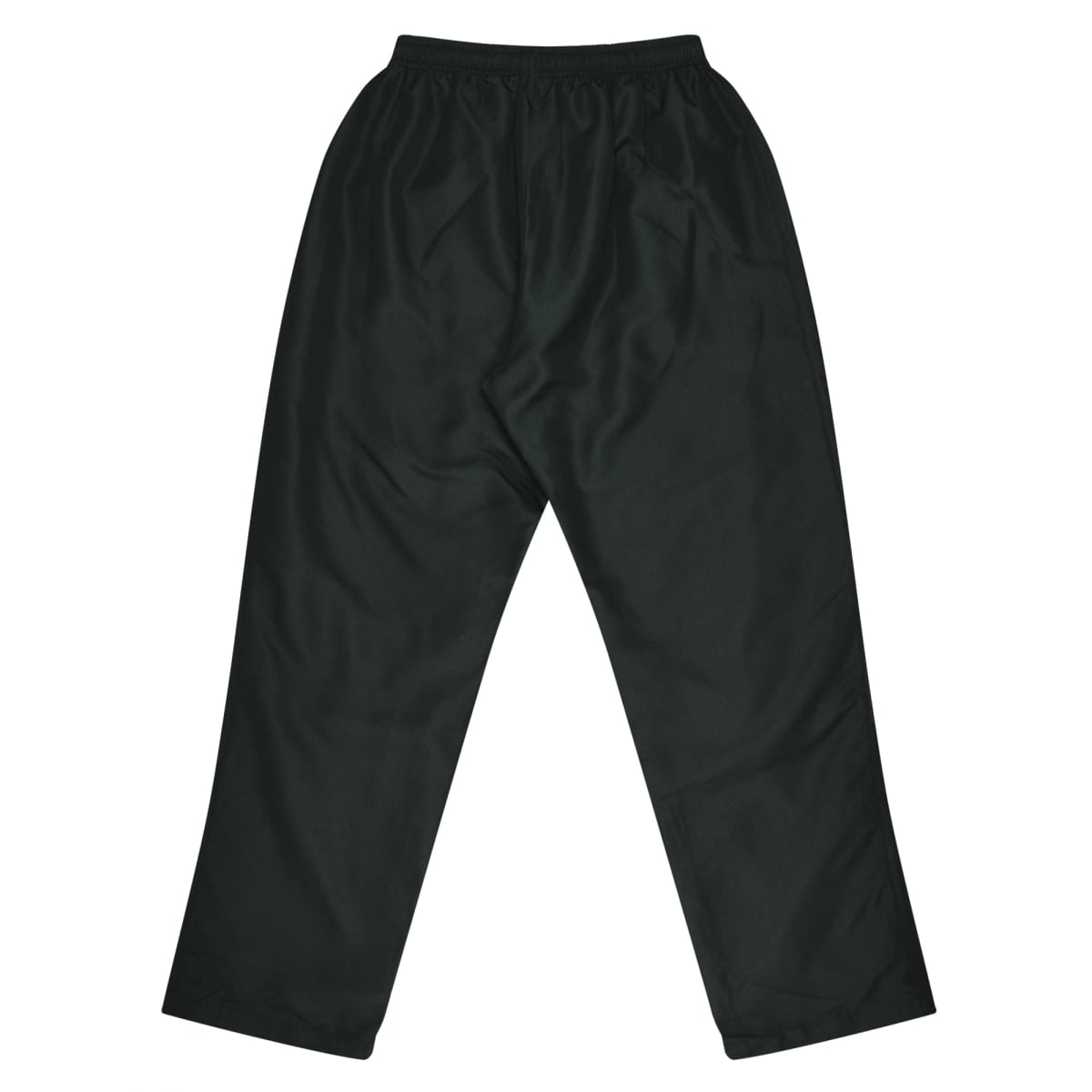 A pair of dark green pants with an elastic waistband, laid flat against a white background. The pants are straight-legged with a simple, casual design.