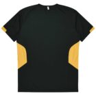 A dark green t-shirt with short sleeves, featuring large mustard yellow panels on the sides. The back is simple with no visible logos or designs.