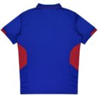 A blue sports jersey with a collar and short sleeves, featuring red accents on the sides and sleeves, displayed on a white background. The back view is shown.