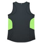 A dark green athletic tank top with bright green side panels, displayed on a white background. The tank features a racerback design and a slightly curved hem.