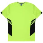 A bright green short-sleeve athletic shirt with black angular accents on the sides and sleeves, laid flat. The shirt has a round neck and appears to be made of a lightweight material suitable for sports.