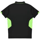 A black sports shirt with bright green accents on the sides and sleeves, viewed from the back. It features a collar and short sleeves.