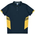 A navy blue polo shirt with a collar, featuring yellow accents on the sleeves and sides. The shirt has buttons down the front and a tag at the back of the neckline.