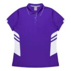 A purple polo shirt with a collar and three buttons. It features white panels on each side and a white stripe on each shoulder, creating a sporty appearance.
