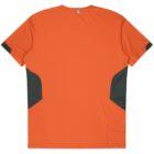 An orange short-sleeve athletic shirt with dark gray accents on the sides, shown from the back. The shirt features a relaxed fit and smooth texture, designed for active wear.