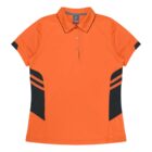 An orange short-sleeve polo shirt with a collar and three buttons. It features two black panels on each side, each with two orange stripes.