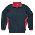 A navy blue and red zip-up jacket with a high collar and long sleeves. The jacket features two red stripes on each side, running diagonally from the underarm to the midriff.