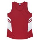 A red sleeveless athletic jersey with a V-neck. It features white panel accents on the sides with two red horizontal stripes on each side.
