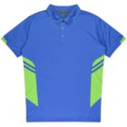 A blue short-sleeve polo shirt with green accents on the shoulders, sleeves, and sides. The shirt features a collar and three buttons at the top. The design includes two green stripes on each side.