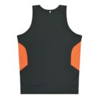 The image shows the back view of a sleeveless sports jersey in dark green with bright orange panels on the sides. The jersey has a simple design and is displayed against a white background.