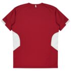 Back view of a red sports jersey with white accents on the sides. The jersey has short sleeves and a small tag near the neckline.