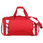 A red sports duffle bag with white accents on the side pockets, featuring sturdy handles and an adjustable shoulder strap. There is a visible zipper pocket on the front.