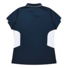 A dark blue polo shirt with short sleeves and a white collar. The back of the shirt features white panels on the sides, and the overall design is simple and sporty.