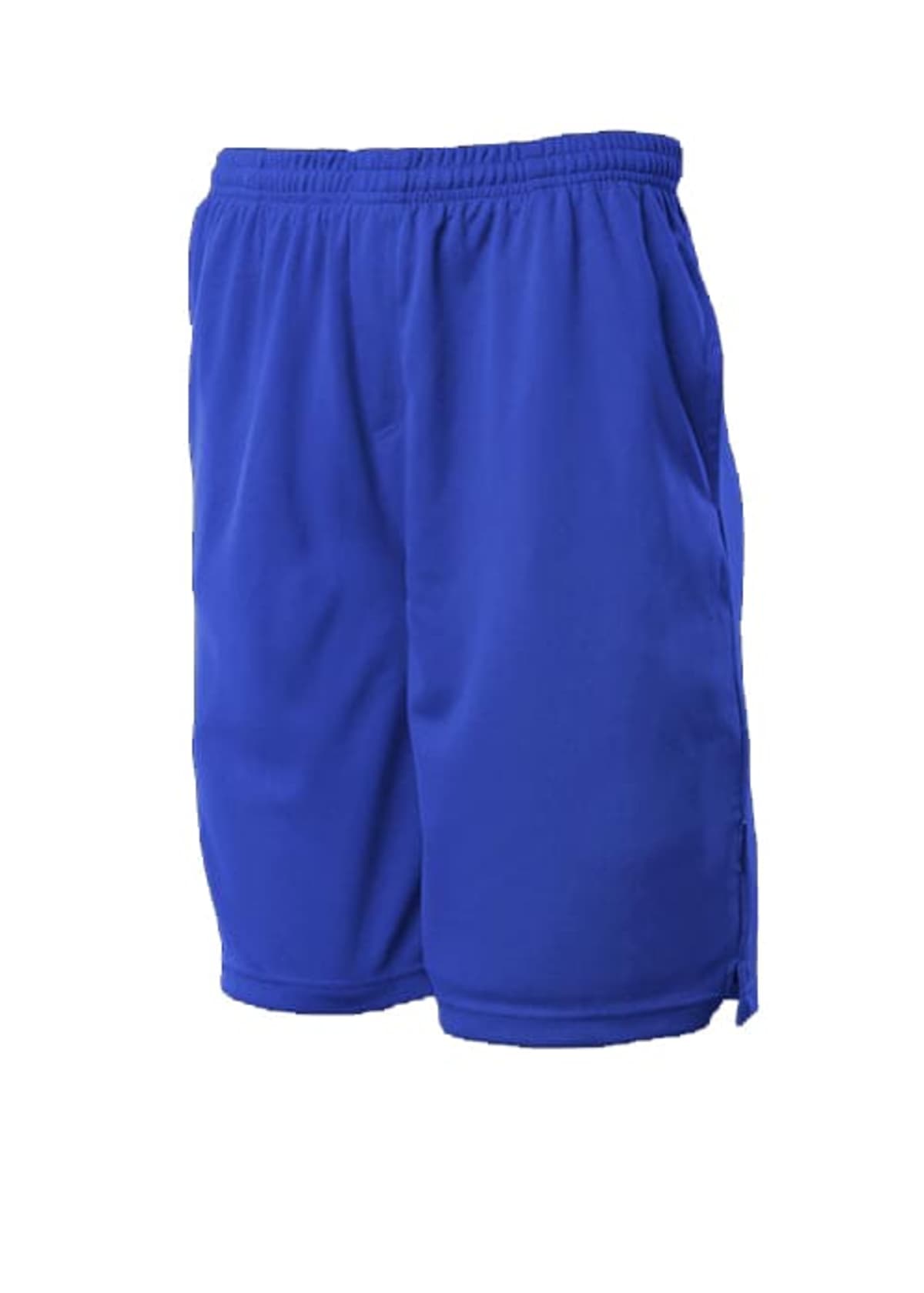 A pair of blue athletic shorts with an elastic waistband and side pockets, displayed on a white background.