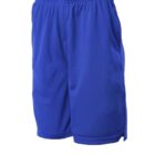 A pair of blue athletic shorts with an elastic waistband and side pockets displayed on a white background.