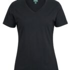 Black V-neck T-shirt with short sleeves, displayed against a white background. The shirt appears to be made of soft fabric, featuring a slightly fitted silhouette ideal for casual wear.