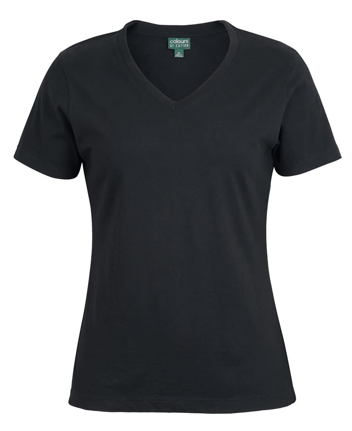 Black V-neck T-shirt with short sleeves, displayed against a white background. The shirt appears to be made of soft fabric, featuring a slightly fitted silhouette ideal for casual wear.