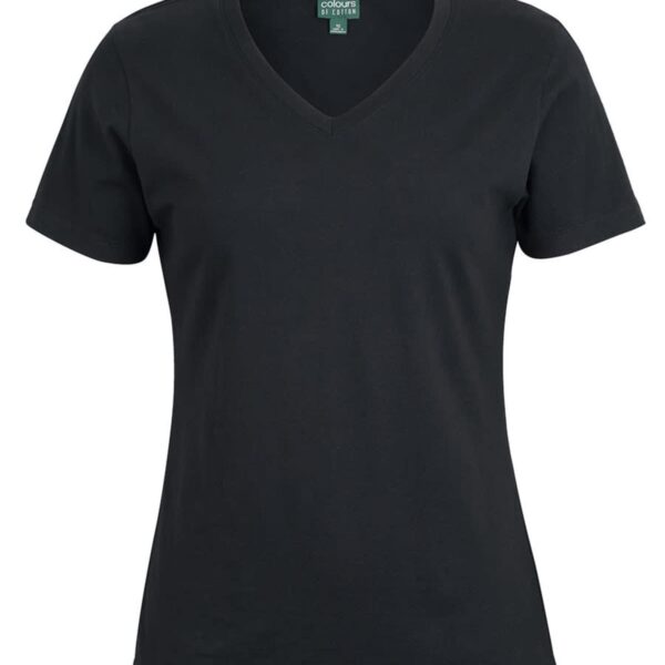 Black V-neck short-sleeve T-shirt on a plain white background. The shirt has a simple design with no visible logos or patterns.