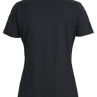 A plain black T-shirt is displayed, showing its back. The shirt has short sleeves and a simple, classic design, with no visible logos or patterns.