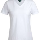 A plain white V-neck T-shirt is displayed against a white background. The short-sleeved shirt has a simple, classic design with a label visible inside the collar.