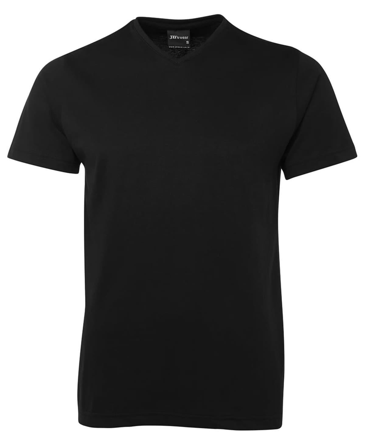A plain black V-neck T-shirt is displayed on a white background. The shirt has short sleeves and a simple, classic design.