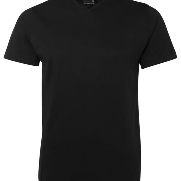 A plain black V-neck T-shirt is displayed against a white background. The shirt has short sleeves and a simple, classic design.