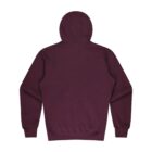 A maroon hoodie is displayed from the back, showing the hood and long sleeves. The fabric appears soft and the design is plain with no visible logos or patterns.