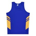 A blue sleeveless athletic tank top with two bold yellow panels on each side, featuring diagonal blue stripes. The design is symmetrical and the material appears to be lightweight and breathable.