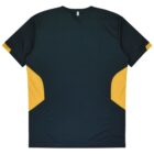A short-sleeve athletic shirt in dark green with yellow accents on the sides. The back view shows a seamless design and a small loop at the neckline.