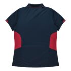 A short-sleeved, dark blue collared shirt with red side panels and red accents on the sleeve cuffs. The shirt is displayed flat and viewed from the back.