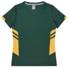 A green V-neck short-sleeve sports jersey with yellow accents and two yellow stripes on each side. The jersey is laid flat, displaying the front view.