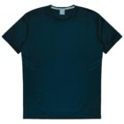 Dark green athletic T-shirt with short sleeves and a round neckline, featuring subtle diagonal stripes on the sides.