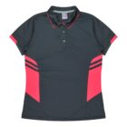 A dark gray short-sleeve polo shirt with a pink collar and pink side panels. The shirt features thin horizontal stripes on the side panels and buttons on the front.