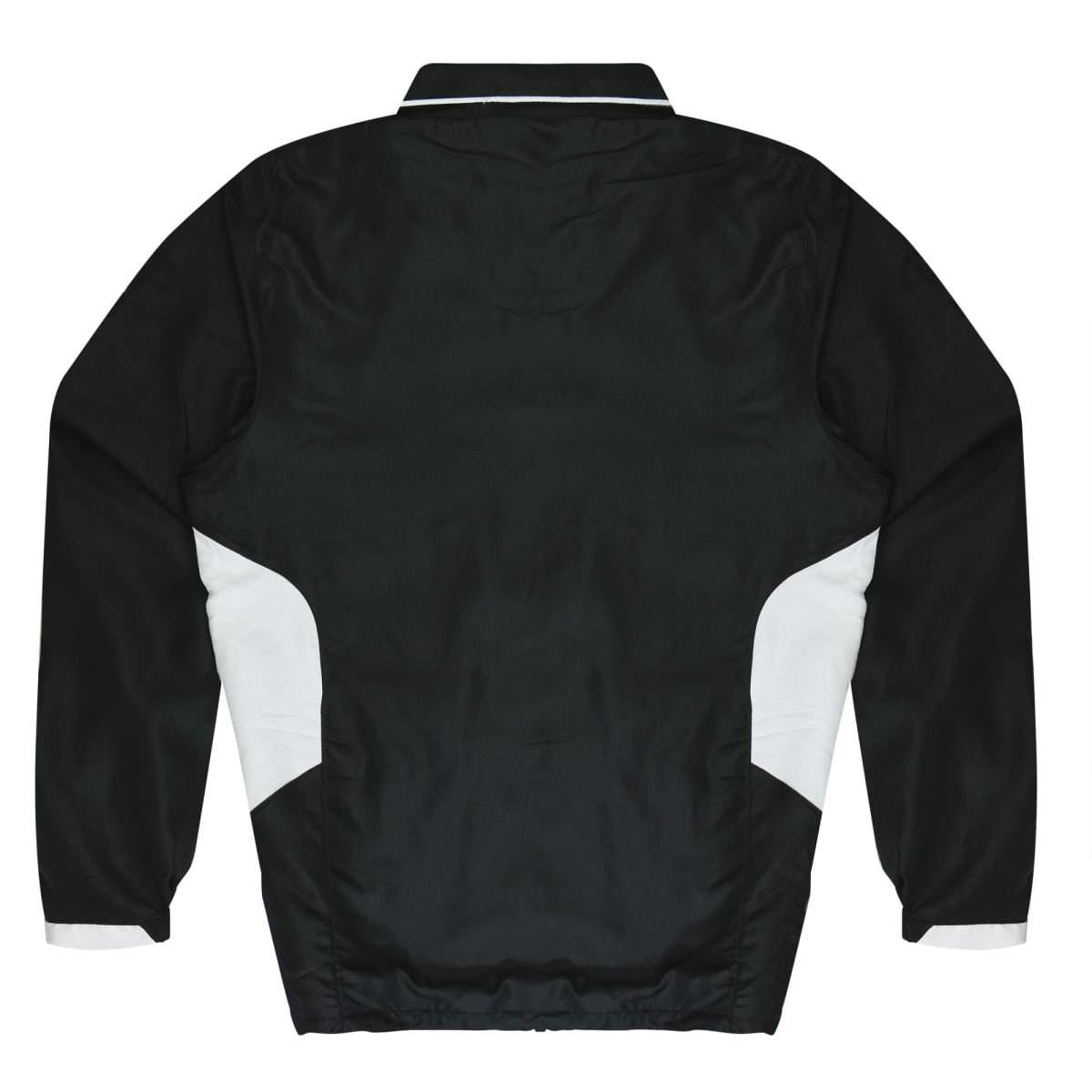 A dark green jacket with white accents on the sides and cuffs, displayed from the back. It features a collar and elastic cuffs, and the material appears smooth and slightly shiny.