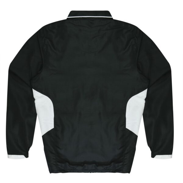 A black jacket with white accents on the sides and cuffs displayed from the back. The design is simple, with a high collar and long sleeves.