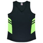 A sleeveless athletic shirt featuring a V-neck design. The main color is black with bright green panels on the sides, accentuated with black stripes.