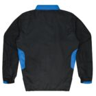 A black jacket with blue accents on the collar, cuffs, and sides. The jacket is displayed from the back, showing long sleeves and a simple, sporty design.