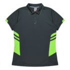 A dark gray polo shirt with a three-button collar, featuring bright green accents on the sleeves and sides. The shirt has a sporty design with horizontal black stripes on the sides.