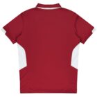 A maroon short-sleeve shirt with white accents on the sides and sleeves, laying flat, viewed from the back. The design includes a collar and a smooth fabric texture.