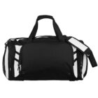 A black and white duffel bag with dual handles and an adjustable shoulder strap. The bag features multiple zippered compartments and a mesh pocket on one side.