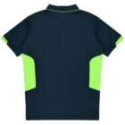 A dark navy short-sleeve polo shirt with lime green accents on the sides and sleeve cuffs, viewed from the back. The shirt has a collar and a simple, sporty design.