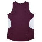 A sleeveless, maroon sports tank top with white side panels, shown from the back. Suitable for athletic activities.