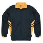 A dark green zip-up jacket with a yellow collar and cuffs. It features two yellow stripes on each side of the chest and yellow accents under the arms. The jacket has a tag on the collar.