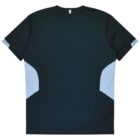 Back view of a dark green athletic T-shirt with light blue accents on the sides. The shirt is made of a smooth, lightweight fabric.