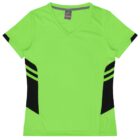 A lime green athletic shirt with a V-neck design displayed on a white background. The shirt features black side panels and two horizontal stripes on each side near the waist. The label inside the collar is partially visible.