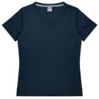A dark blue, short-sleeved athletic shirt with a V-neck design. The shirt has subtle panel details on the sides and a light pink label at the neck.