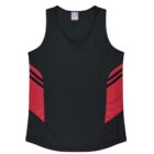 A sleeveless black athletic top featuring red panels with black stripes on each side. The design is simple and modern, suitable for sports or casual wear.